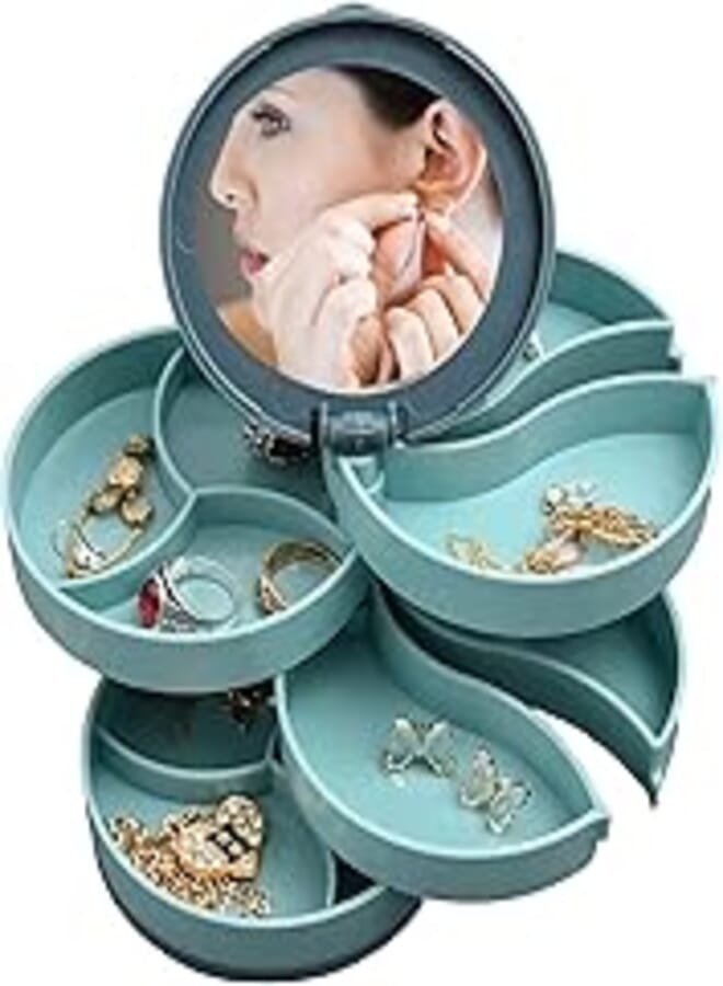 Jewelry Organizer Small Travel Rotating Jewelry Storage Case, Mirror Jewelry Storage Box Earring Holder for Women, 4-layers Rotating Travel Jewelry Tray Case with Lid for Earrings Necklaces Bracelets