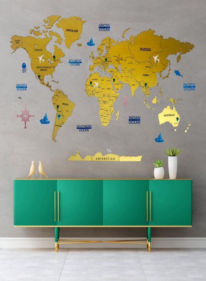 ELK 3D Wooden World Map Wall Decor - Metallic Royal Gold Color - Perfect Living room Wall Decor for Travel Enthusiasts - Image 1