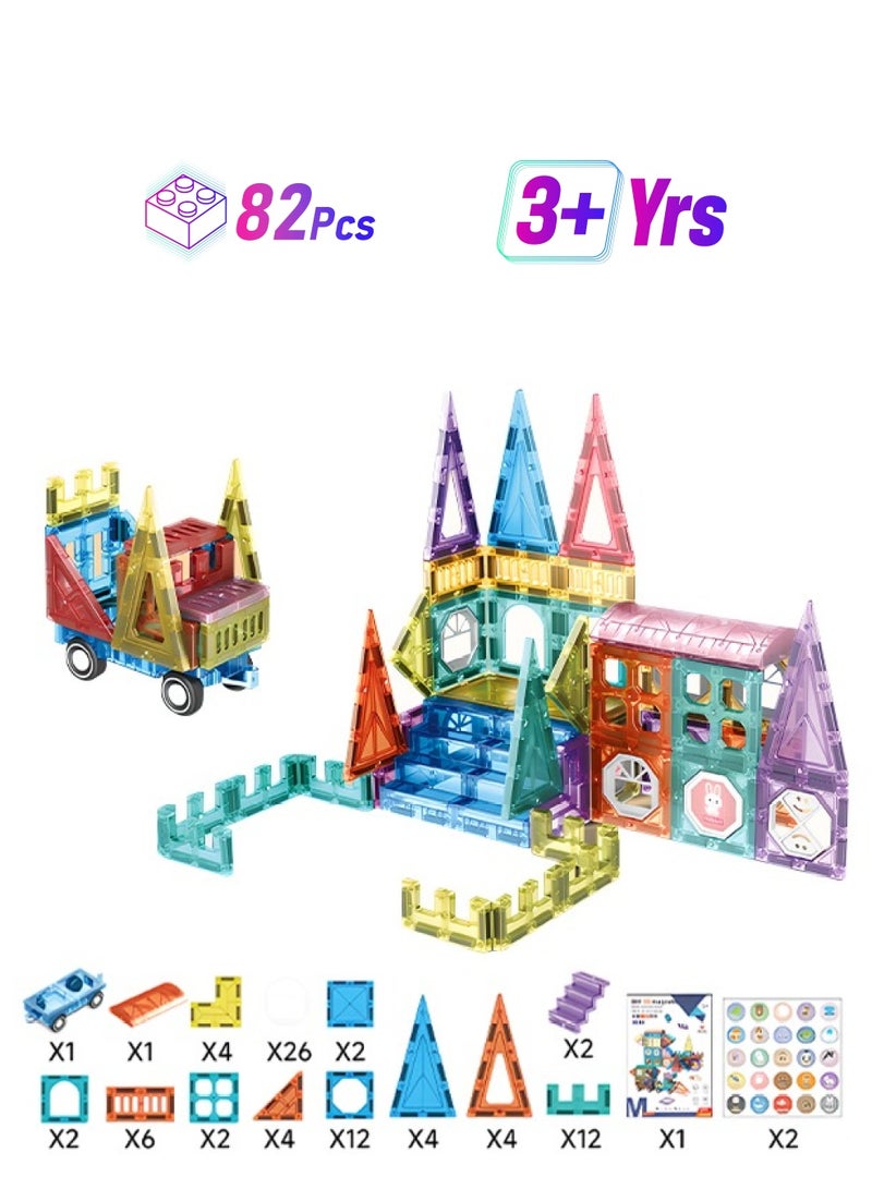 82pcs Magnetic Building Blocks Set, Magnetic Building Tiles with Stickers, Ideal for Developing Kids’ Spatial Thinking Skills  - Image 1