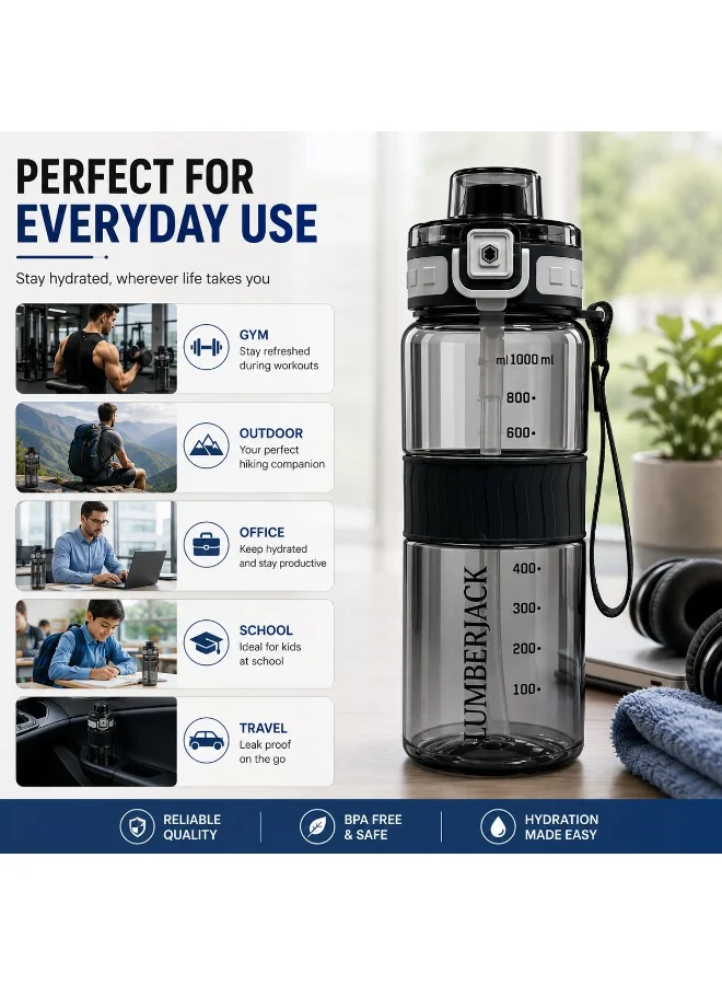 Lumberjack Grey Lumberjack 1000ml Water Bottle with Carry Strap, Built-In Straw & Grip, Sports Water Bottle for Gym, Travel & Everyday Use  | Best Price UAE