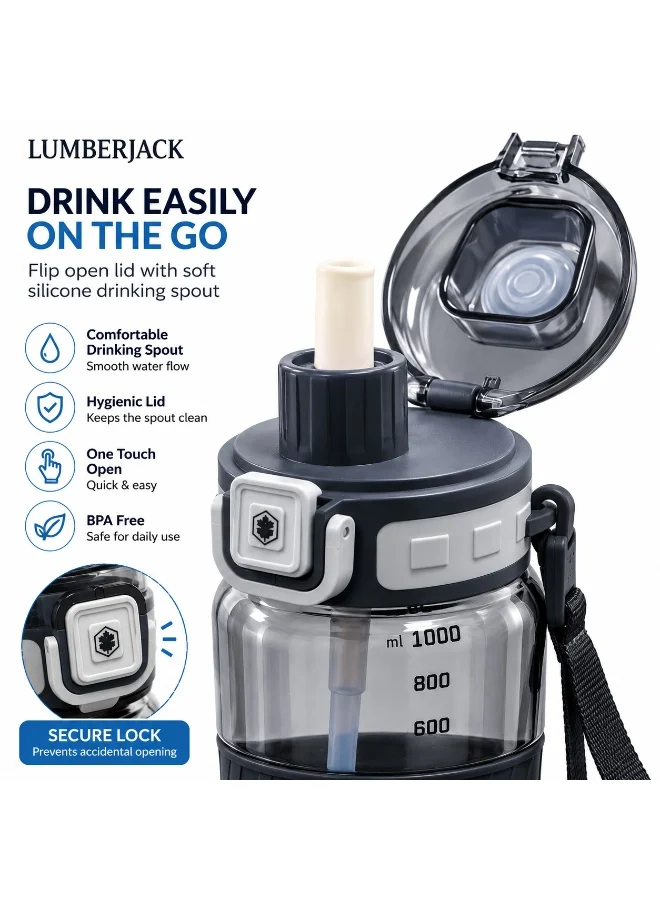 Lumberjack Grey Lumberjack 1000ml Water Bottle with Carry Strap, Built-In Straw & Grip, Sports Water Bottle for Gym, Travel & Everyday Use  | Best Price UAE