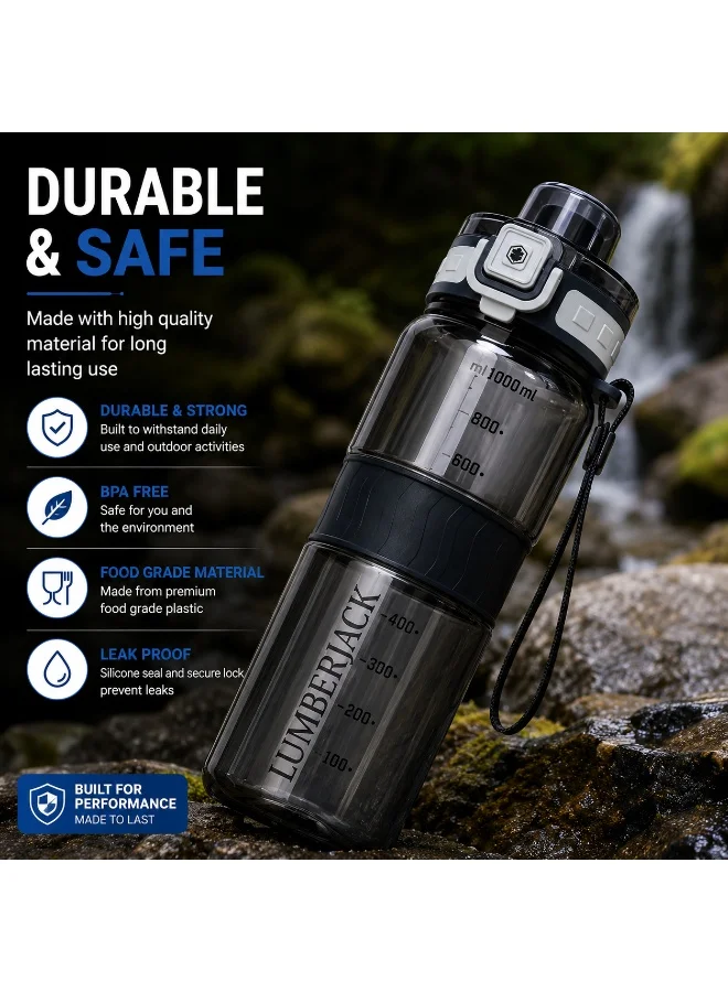 Lumberjack Grey Lumberjack 1000ml Water Bottle with Carry Strap, Built-In Straw & Grip, Sports Water Bottle for Gym, Travel & Everyday Use  | Best Price UAE
