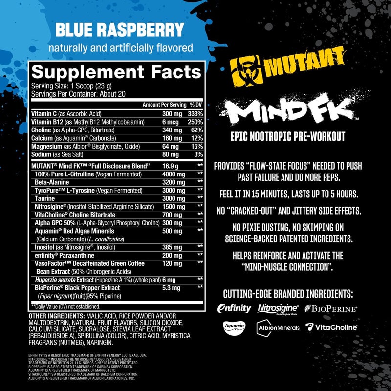 Mutant Mind FK  Epic Nootropic PreWorkout  Brain Supplement for Mental Focus  20 Serve  Blue Raspberry  460g - Image 5
