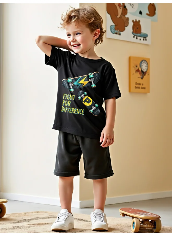 Take Two Take Two Kids 2pcs Black Printed T-Shirt and Shorts Sets