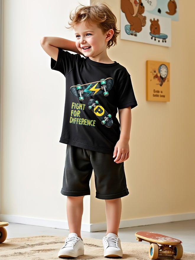 Take Two Take Two Kids 2pcs Black Printed T-Shirt and Shorts Sets  - Image 2