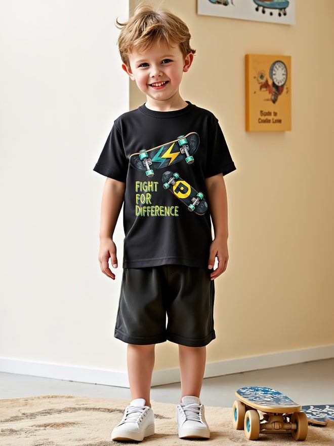 Take Two Take Two Kids 2pcs Black Printed T-Shirt and Shorts Sets  - Image 1