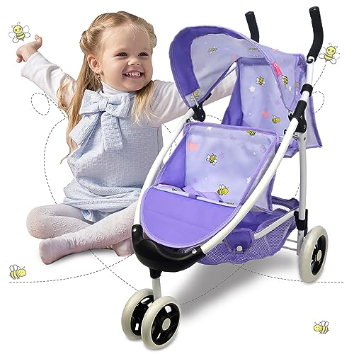 Anivia Doll Stroller Toy Anivia Realistic Twin Dolls Pram Doll Pushchair with Shopping Basket Heart Design Gifts for Toddlers and Girls Foldable Baby Doll Stroller Toy DA310pur - Image 1