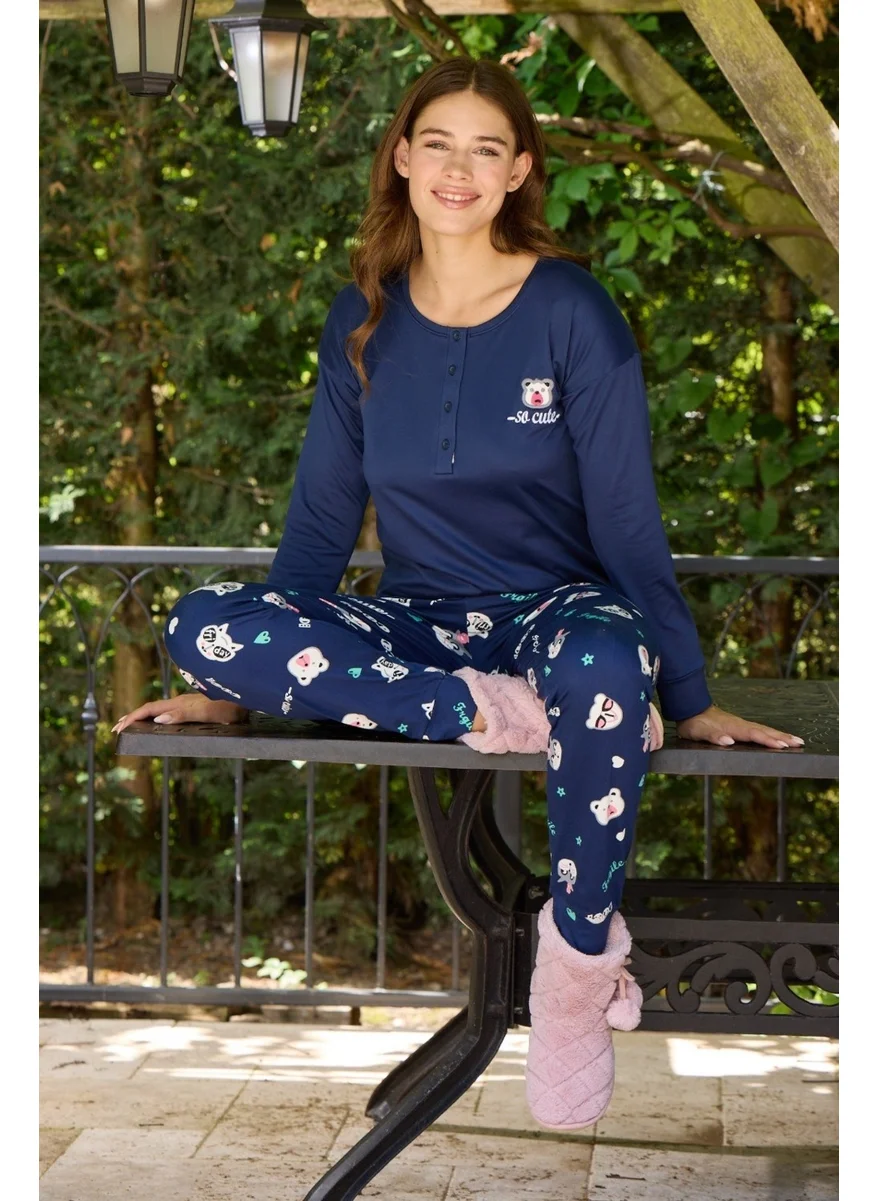 Bie'S Crew Neck Buttonless Low Shoulder Wrist Cuffed Furry Warm Winter Long Sleeve Pajama Set