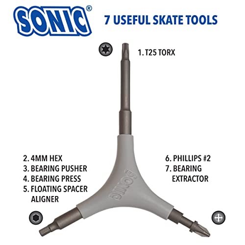 SONIC Pro Inline Skate Tool + T, Long T25 Torx for Powerslide triskate frame mounting bolts, 7 Tools, Rotate wheels, Remove bearings, Designed in USA - Image 2