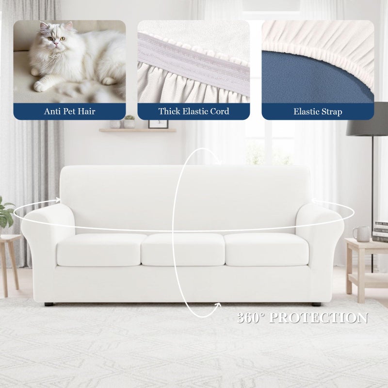 NICEEC Spandex Stretch 4 Pieces Sofa Covers Water Repellent Couch Covers for 3 Cushion Couch Sofa Pet Friendly Soft Sofa Slipcovers for Living Room Easy Fit Furniture Protector Washable(White) - Image 5