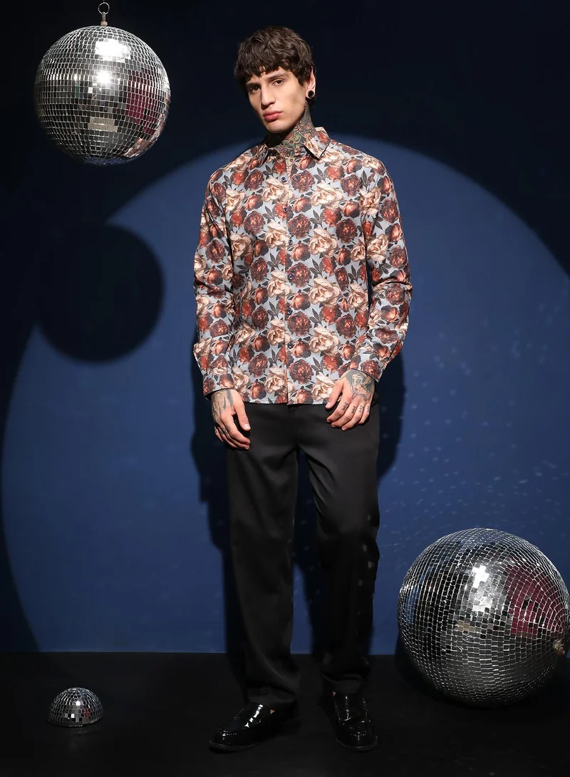 CAHOOT  Men's Cloud Grey & Russet Brown All-Over-Roses Shirt for Men | Best Price UAE