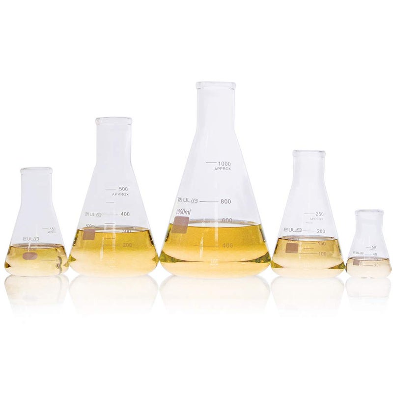 ULAB Scientific Glass Erlenmeyer Flask Set, 5 Sizes 50ml 150ml 250ml 500ml 1000ml, 3.3 Boro with Printed Graduation, UEF1002 - Image 1