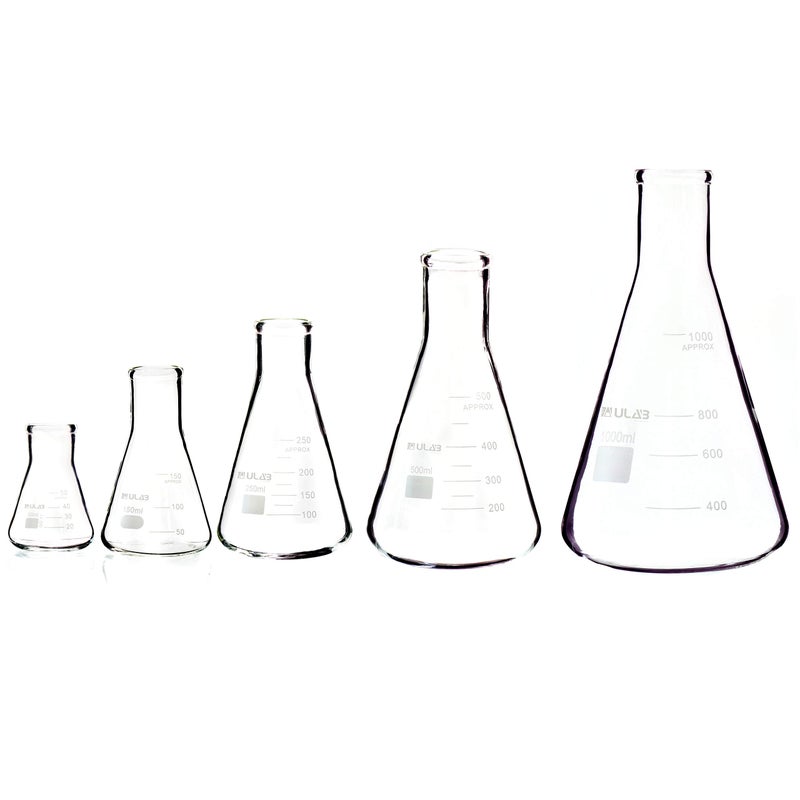 ULAB Scientific Glass Erlenmeyer Flask Set, 5 Sizes 50ml 150ml 250ml 500ml 1000ml, 3.3 Boro with Printed Graduation, UEF1002 - Image 3