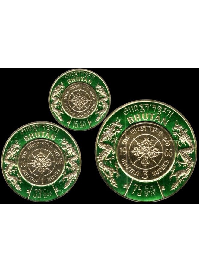 Mahaphilla Rare Bhutan 3 Different Gold Foil Embossed Unusal Odd Shape Round Unissued/Withdrawn Issue Stamps for Advance Stamp Collection Multicolor - Image 2