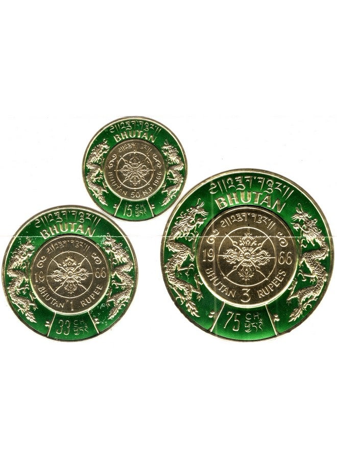 Mahaphilla Rare Bhutan 3 Different Gold Foil Embossed Unusal Odd Shape Round Unissued/Withdrawn Issue Stamps for Advance Stamp Collection Multicolor - Image 3