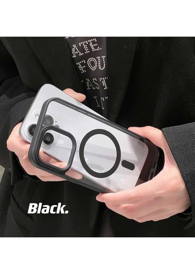 Luxury Metal Lens Camera Protection Magsafe Phone Case for iPhone 14 Wireless Charging Cover - Clear Back Slim -Black - Image 2