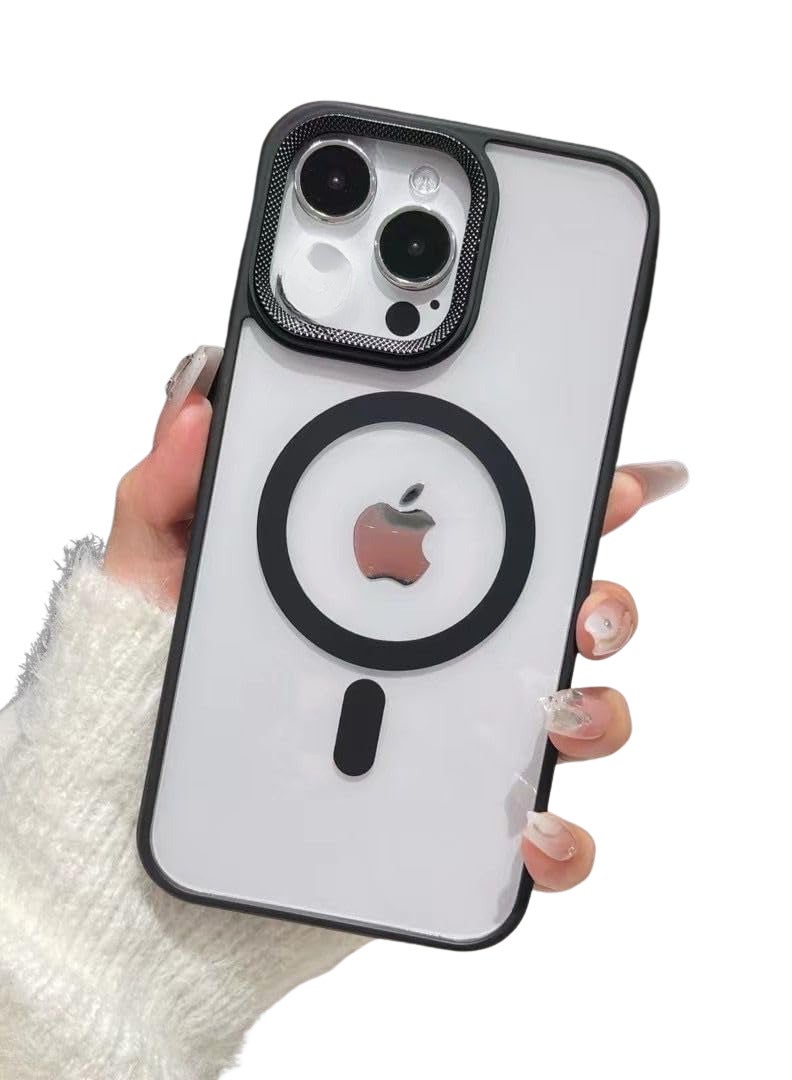 Luxury Metal Lens Camera Protection Magsafe Phone Case for iPhone 14 Wireless Charging Cover - Clear Back Slim -Black - Image 1