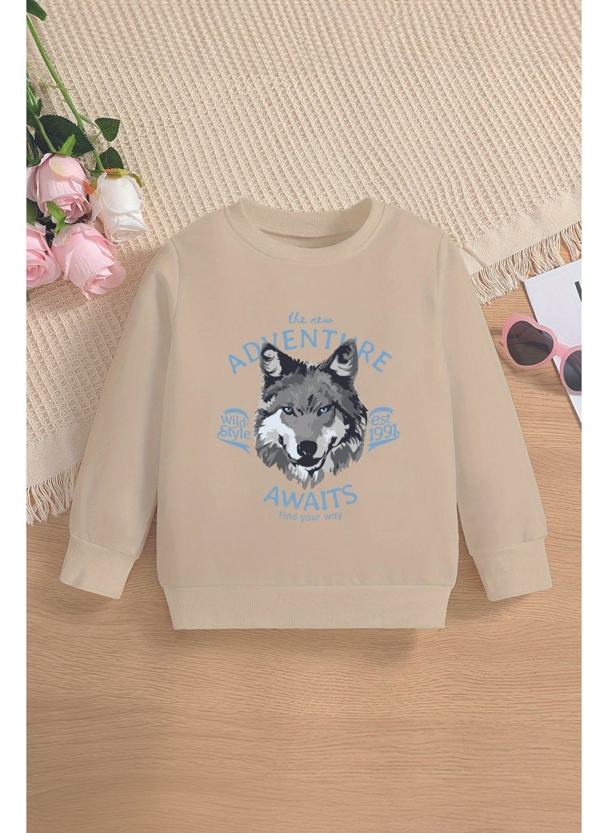 Myada - New Season Adventure Written Wolf Printed Oversize Hooded Kids Sweatshirt 14634 - Image 1