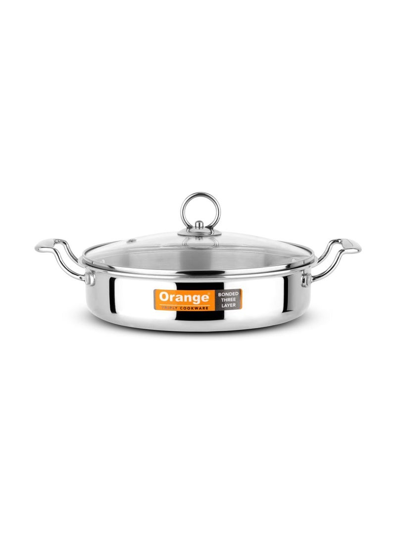 Orange Orange Stainless Steel Triply Cook & Serve Fry Pan/Saute Pan/Kadai/Flat Pan 2 litres with Glass lid and Handles| 2.5mm Thickness, 22cm Diameter | Induction cooktop Friendly | (2L, Steel)  - Image 1