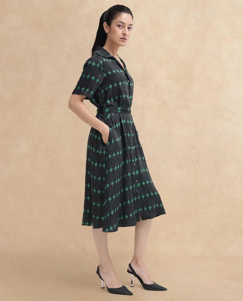 Rareism Women's Geometric Print Short Sleeve Cotton Dress