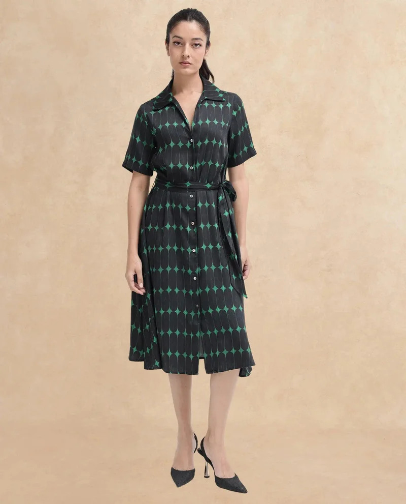 Rareism Women's Geometric Print Short Sleeve Cotton Dress
