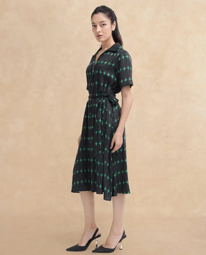 Rareism Women's Geometric Print Short Sleeve Cotton Dress