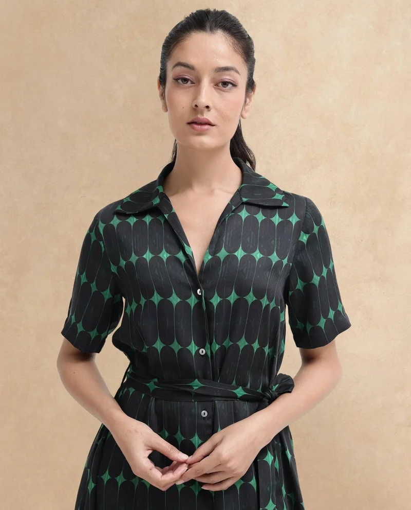 Rareism Women's Geometric Print Short Sleeve Cotton Dress