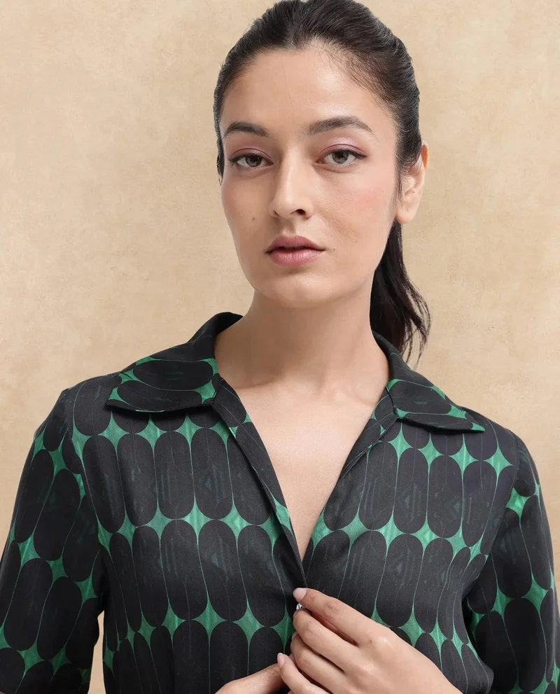 Rareism Women's Geometric Print Short Sleeve Cotton Dress