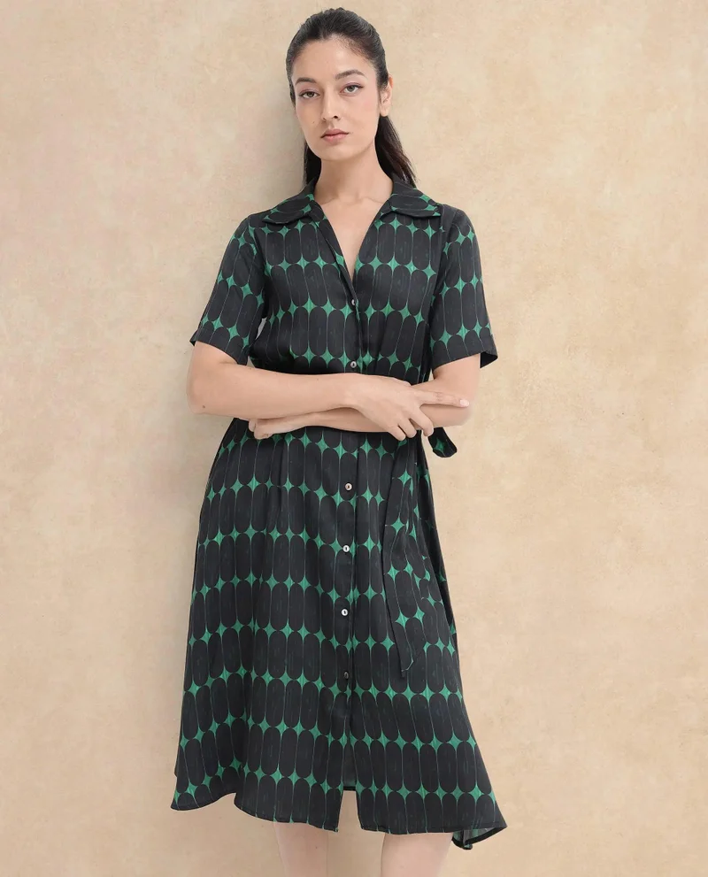 Rareism Women's Geometric Print Short Sleeve Cotton Dress