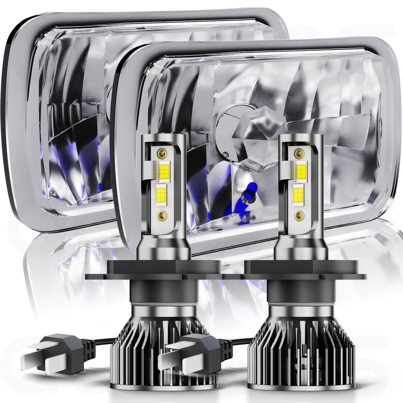 qobsos Pair 5x7 7x6 LED Headlights Hi-Lo Beam For 1982-2012 Ford E-150 E-250 E-350 Van,5x7 7x6 Inch Diamond Crystal Clear Semi Sealed Beam Glass Lens Housing Headlights,H4 LED Bulbs,6000K Cool White - Image 1