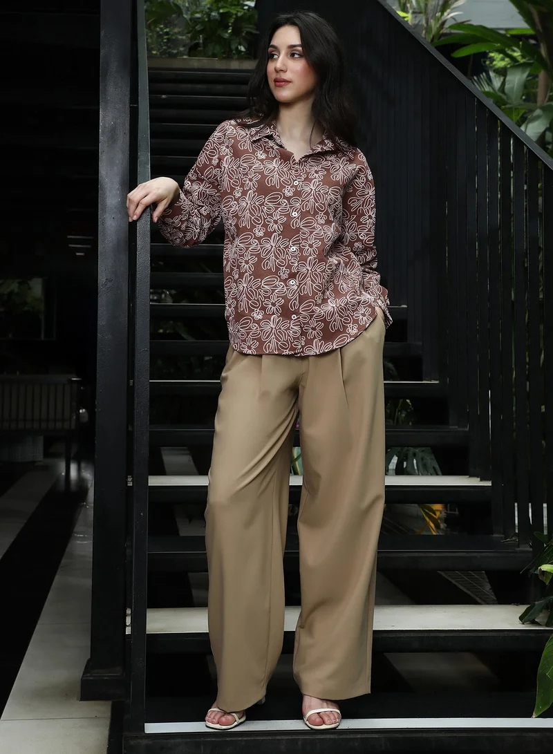 Pinacolada  Women's Mocha Brown Floral-Lined Oversized Shirt for Women | Best Price UAE