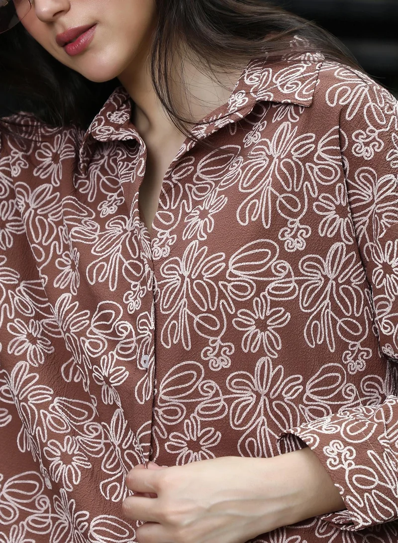 Pinacolada  Women's Mocha Brown Floral-Lined Oversized Shirt for Women | Best Price UAE