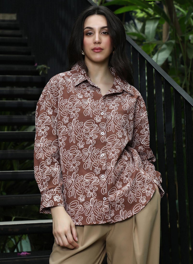 PINACOLADA Women's Mocha Brown Floral-Lined Oversized Shirt - Image 2