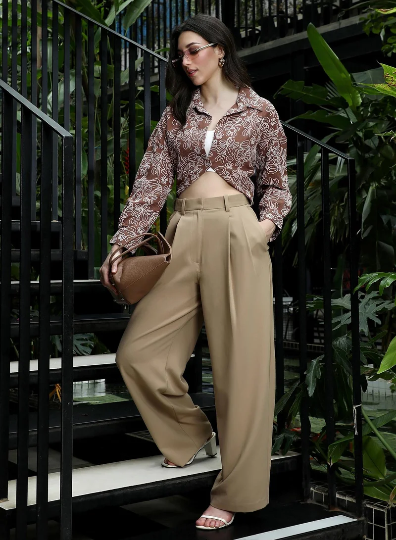 Pinacolada  Women's Mocha Brown Floral-Lined Oversized Shirt for Women | Best Price UAE
