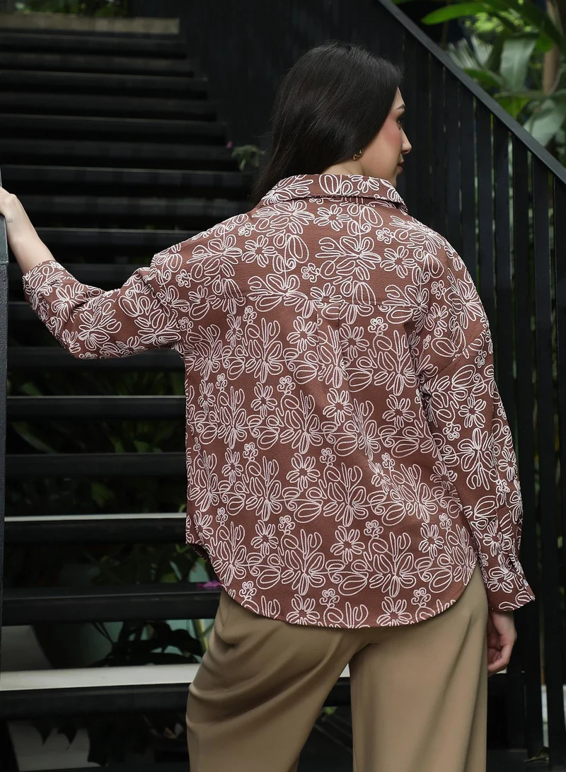 Pinacolada  Women's Mocha Brown Floral-Lined Oversized Shirt for Women | Best Price UAE