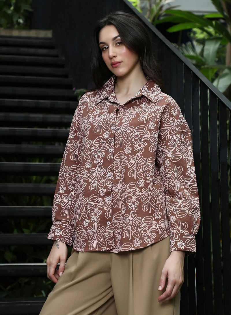 Pinacolada  Women's Mocha Brown Floral-Lined Oversized Shirt for Women | Best Price UAE