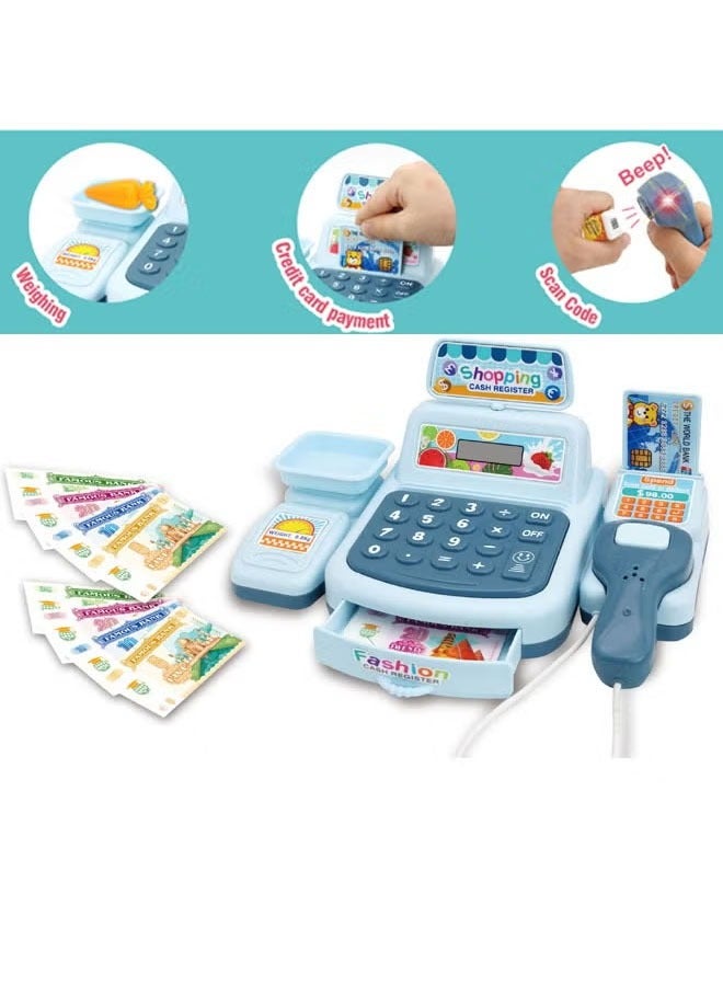 Aikenn Smart Cash Register Toy Cash Register With Calculator Toy Multi-Function Simulated Cash Register Toy Role Play Electric Cash Register Play House Cash Register Supermarket Cash Register Toy With Light And Music Suitable For Children Over 3 Years Old (Blue)  - Image 4