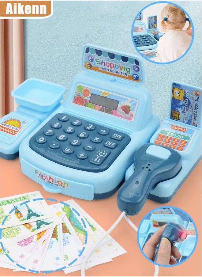 Aikenn Smart Cash Register Toy Cash Register With Calculator Toy Multi-Function Simulated Cash Register Toy Role Play Electric Cash Register Play House Cash Register Supermarket Cash Register Toy With Light And Music Suitable For Children Over 3 Years Old (Blue)  - Image 1
