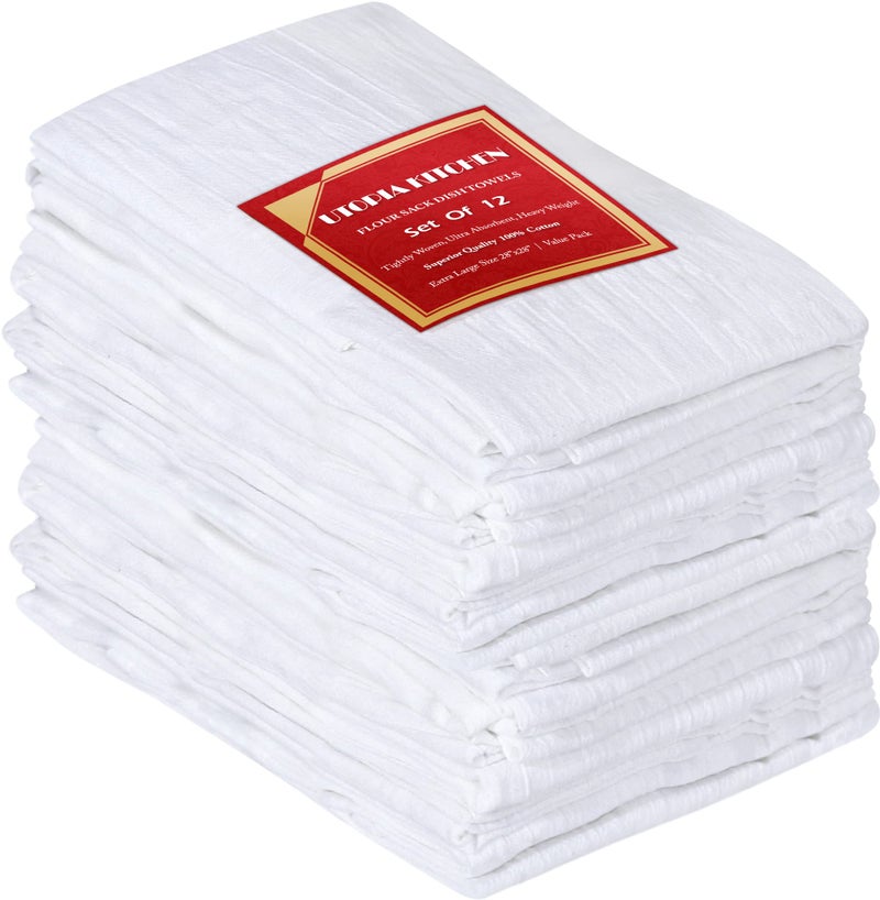 Utopia Kitchen White Flour Sack Towels 12 Pack  28 x 28 Inch 100 Cotton Tea Towels for Cleaning  Drying  Highly Absorbent Kitchen Dish Cloth