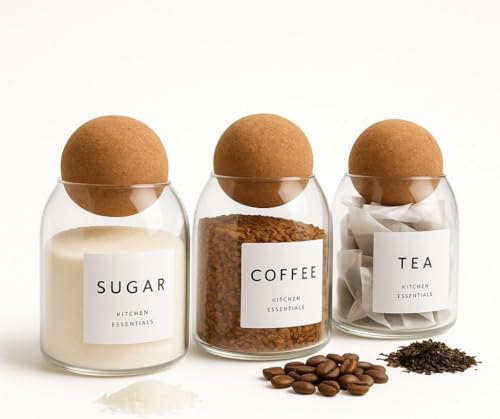 Livabl Coffee Tea Sugar Container Set - 3 Unique Cork Ball (17oz) Glass Jars -Kitchen Canister Set of 3-Jars for Coffee Station - Image 1