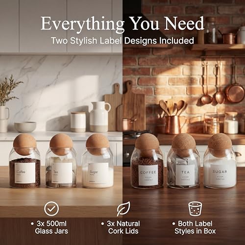 Livabl Coffee Tea Sugar Container Set - 3 Unique Cork Ball (17oz) Glass Jars -Kitchen Canister Set of 3-Jars for Coffee Station - Image 5