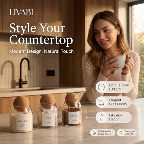 Livabl Coffee Tea Sugar Container Set - 3 Unique Cork Ball (17oz) Glass Jars -Kitchen Canister Set of 3-Jars for Coffee Station - Image 2