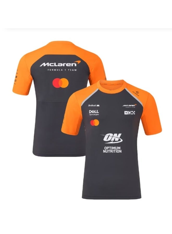 Grey-Orange Formula 1 Team T-Shirt with Sponsor Logos and Branding Details