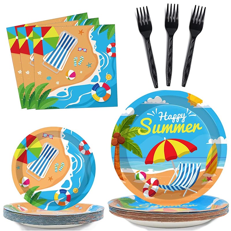 96 Pcs Beach Party Supplies Paper Plates Napkins Summer Beach Hawaiian Pool Party Birthday Decorations Favors for Kids Serves 24