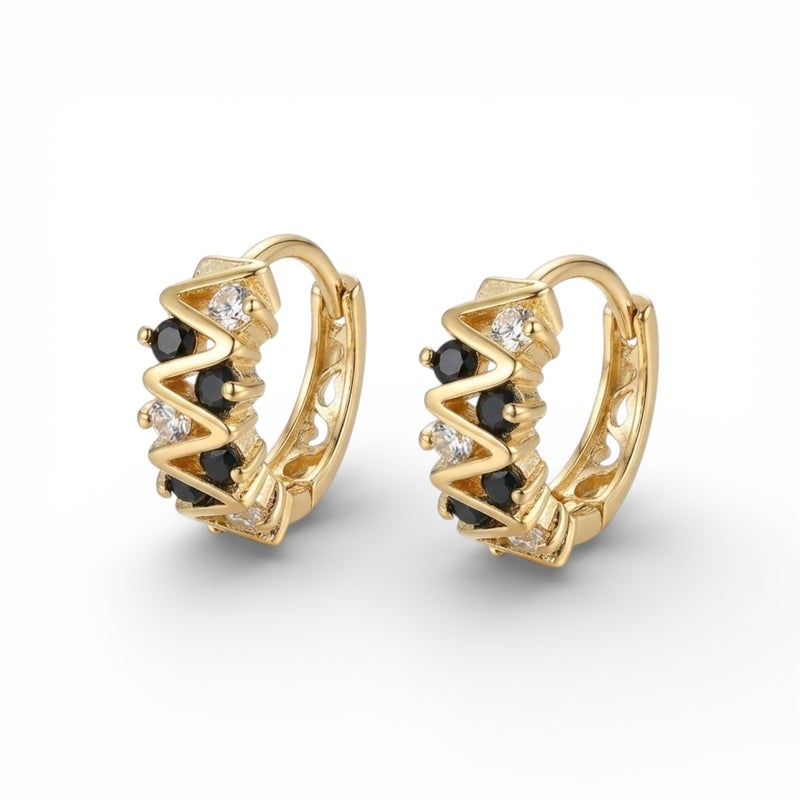 Elegant gold earrings with a modern zigzag design, adorned with round black and silver cubic zirconia stones that give them exceptional sparkle. A bold and distinctive piece that adds a touch of beauty to your look. - Image 1