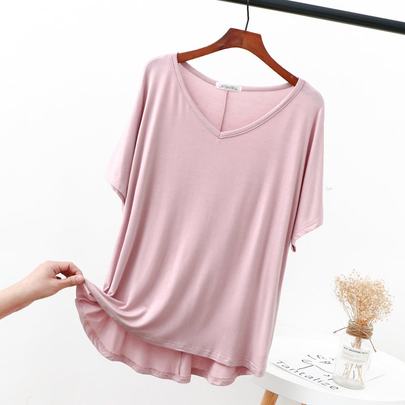 2025 Summer Model Cotton Short-sleeved Loose Top Womens Plus Fat Girl Short-sleeved V-neck T-shirt Lotus root starch 