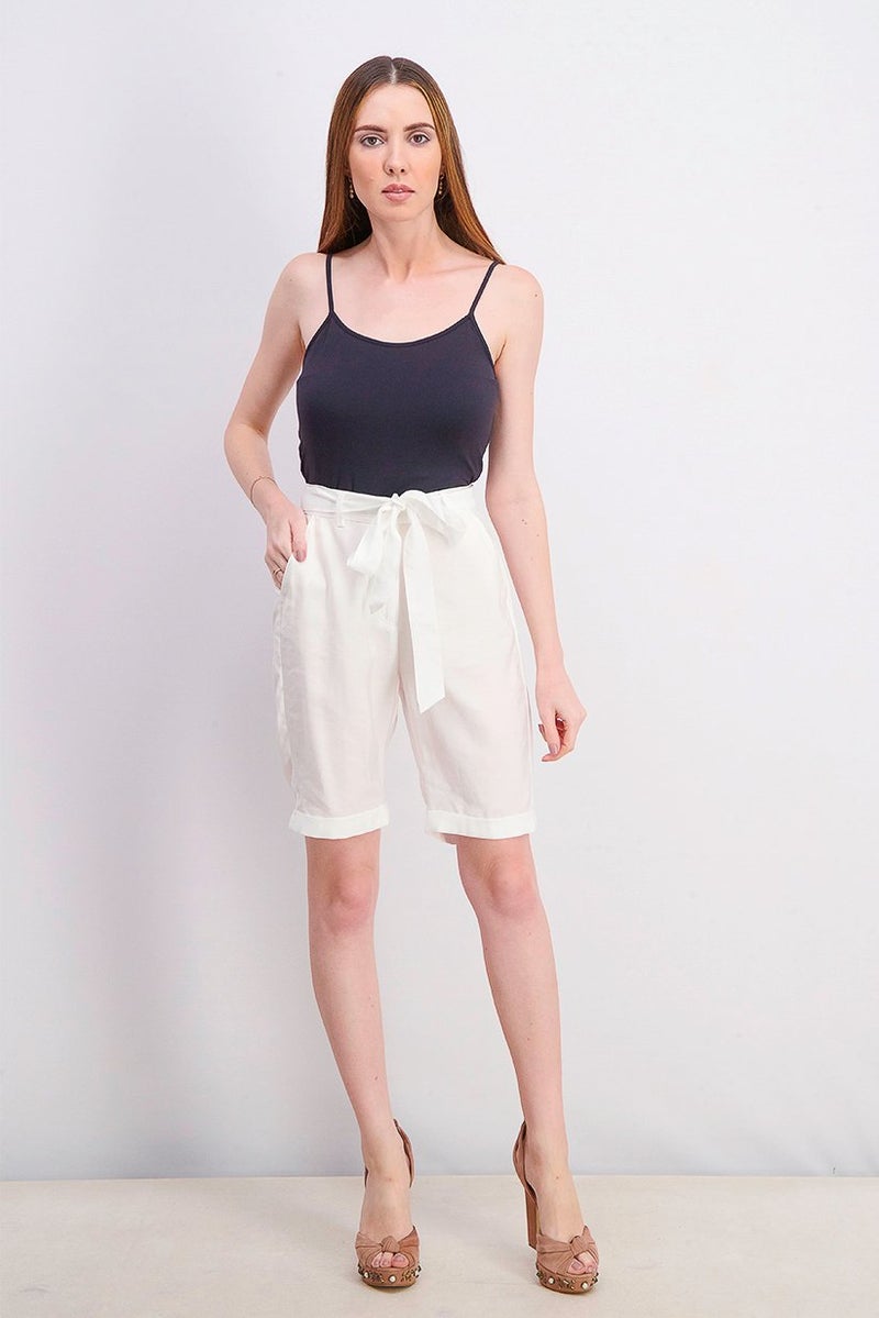Reserved Women Belted Plain Shorts, White - Image 2