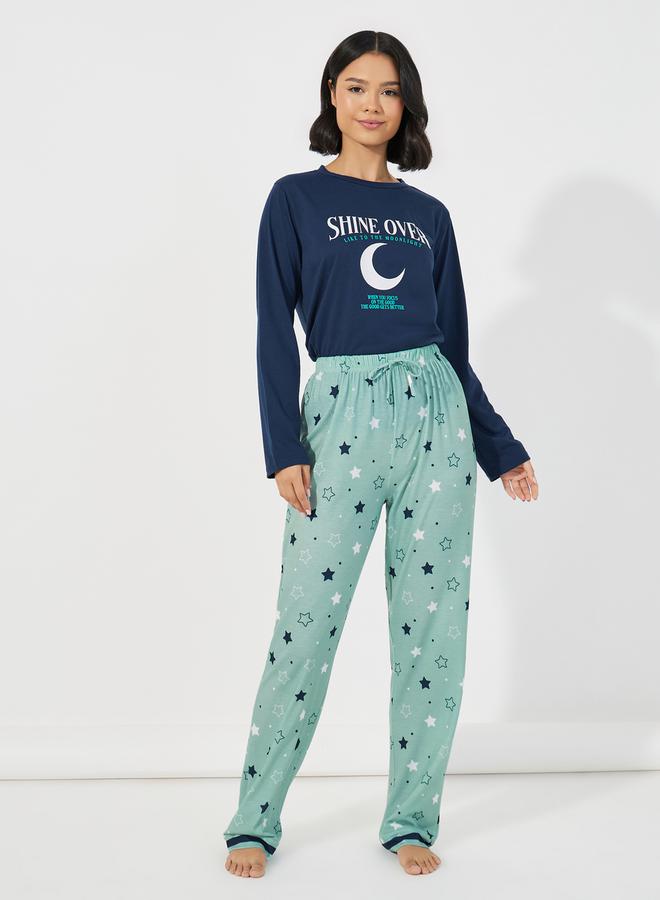 Styli Slogan Print Long Sleeves T-Shirt & Star Print Pyjama Set  - Image 2