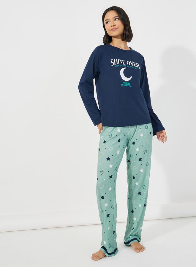 Styli Slogan Print Long Sleeves T-Shirt & Star Print Pyjama Set  - Image 1