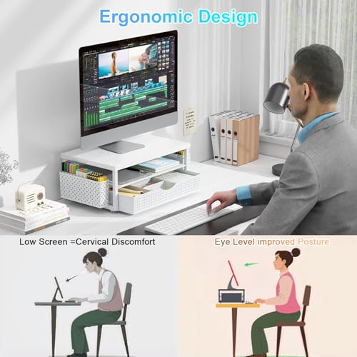 gianotter Wood Monitor Stand Riser Office Desk Shelf Organizer Desk Organizer with Drawer and Pen Holder 2Tier Computer Stand Office Organization Matte White - Image 3